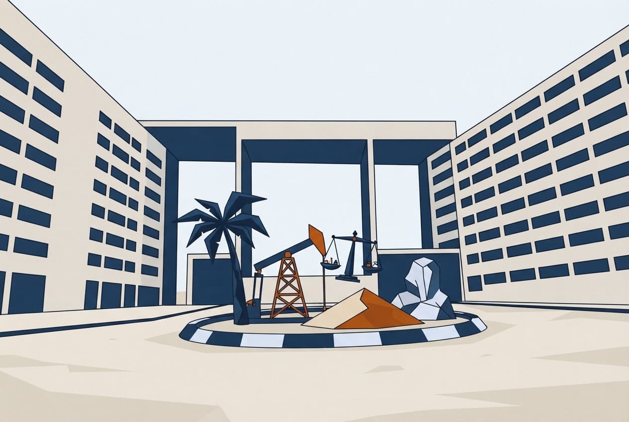 Illustration plate : derrick, dune de sable, bilan, palmier, rocher